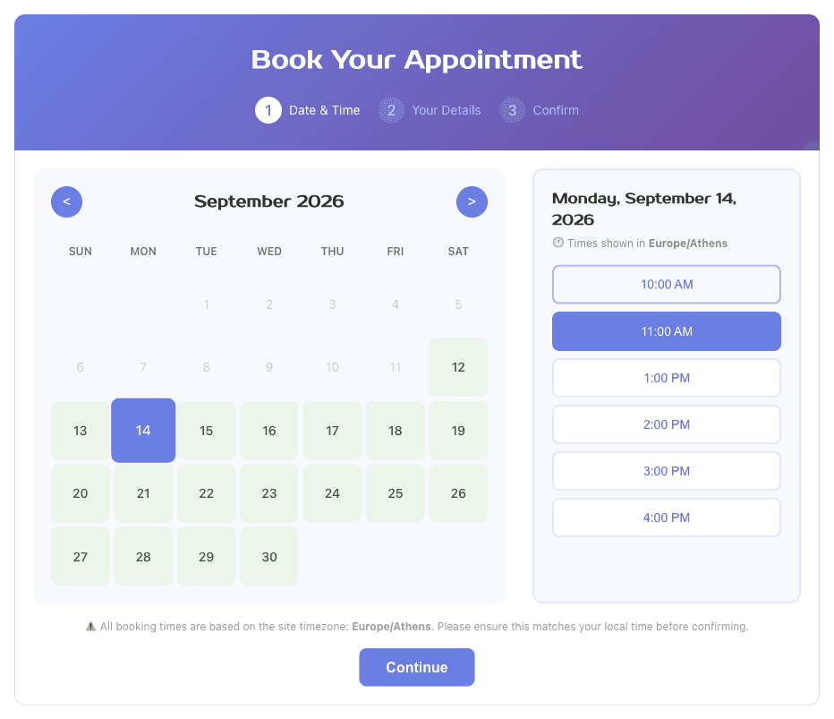 CalenDeus booking widget showing a month calendar with available days highlighted and a list of free time slots for the selected date